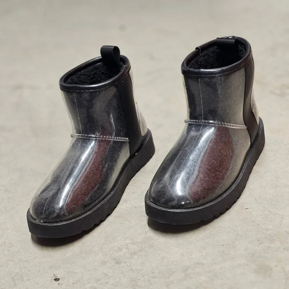 Transparent Waterproof Ankle Boots With Non-Slip Soles Sleek Black Finish Durabl